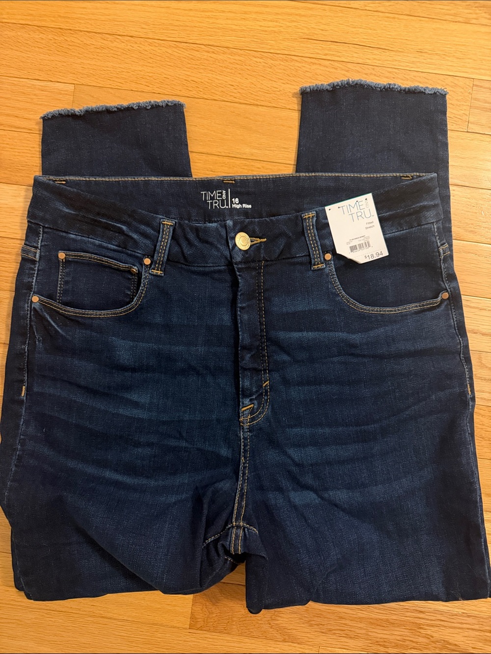 Time and Tru Dark Blue High Rise Raw Hem Jeans